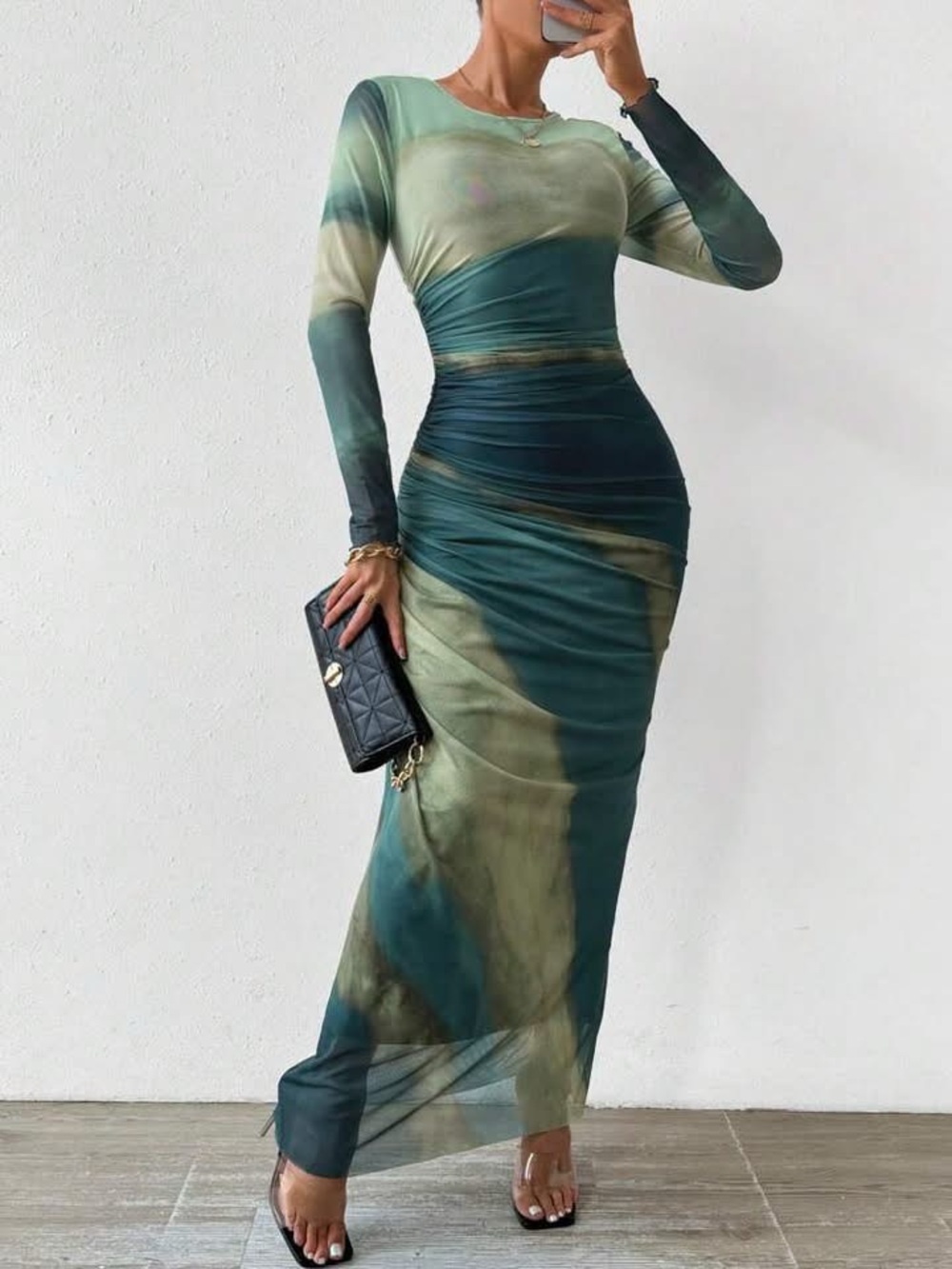Elegant Long Sleeve Green Tie-Dye Sheath Dress